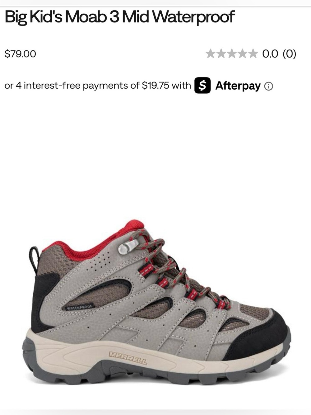 Merrell Big Kid’s Moab 3 Mid Waterproof Hiking Boot in Gray black and Red Size 1